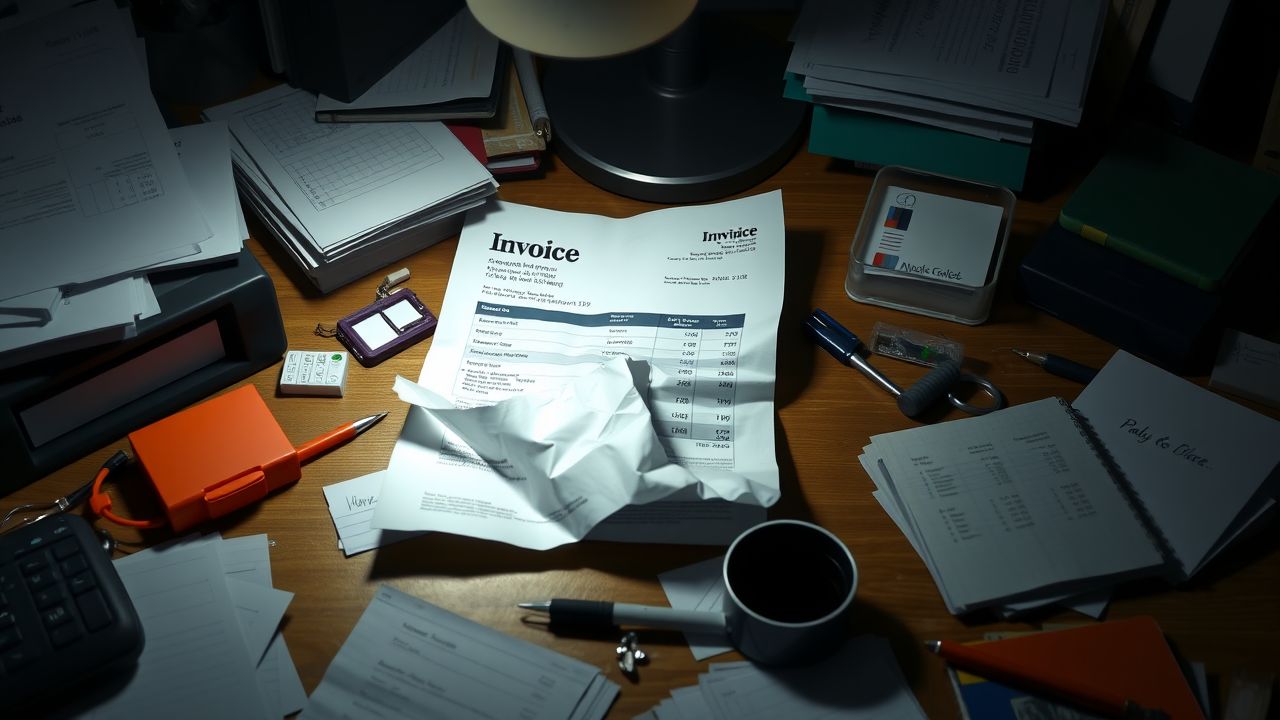 Een rommelig bureau met een verkreukelde factuur suggereert financiële geschillen.