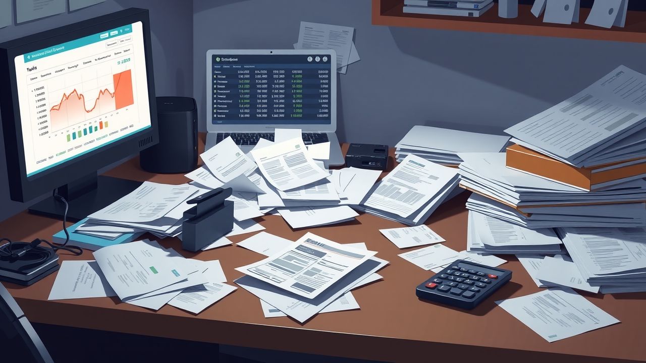 Een rommelig kantoor met financiële stress en chaos.