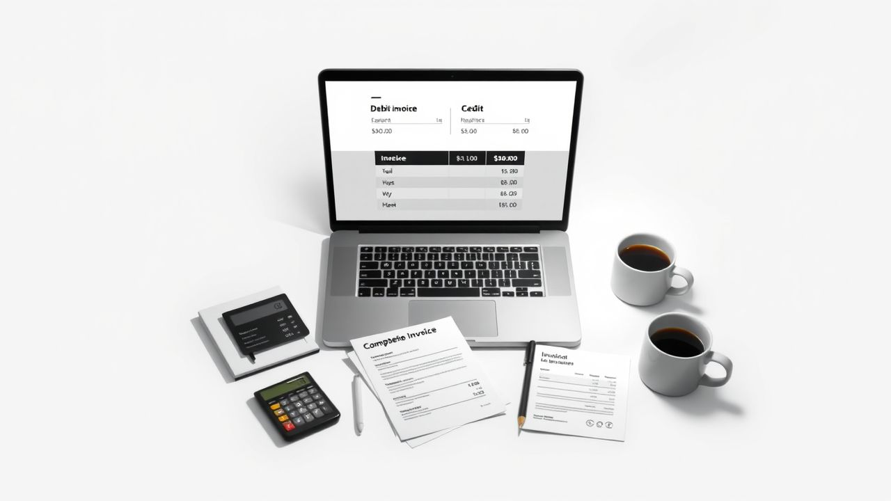 Een opgeruimd bureau met financiële documenten en een laptop. Een opgeruimd bureau met financiële documenten en een laptop.