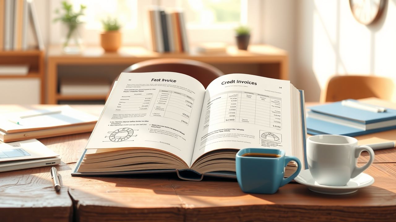 Een open boek met gedetailleerde illustraties en diagrammen over debet en credit facturen op een huiselijk kantoor.