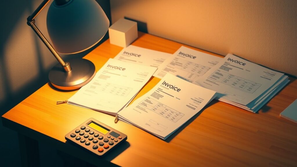 Een opgeruimd bureau met facturen en bonnetjes, met een rekenmachine.