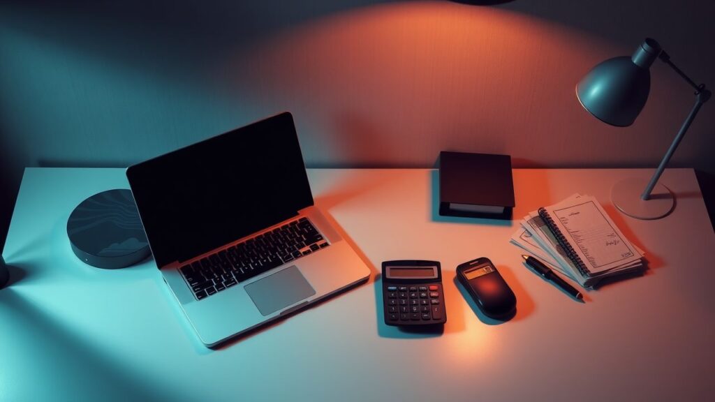 Een opgeruimd bureau met laptop, pen, rekenmachine en rekeningen.