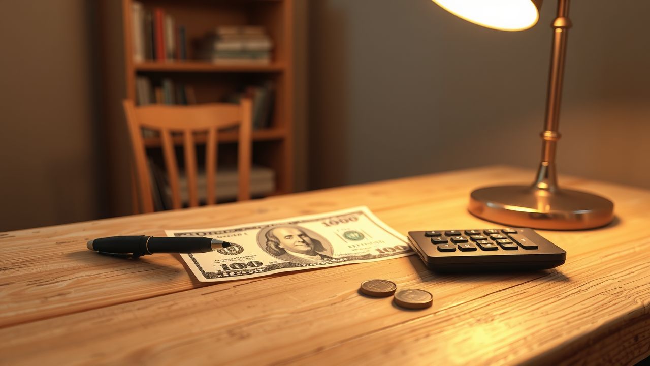 Een rekening, pen, rekenmachine en munten op een houten bureau.