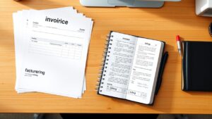 Een bureau met factureringsjablonen en een tweetalig woordenboek benadrukt het belang van nauwkeurige vertaling in internationale zakelijke communicatie.