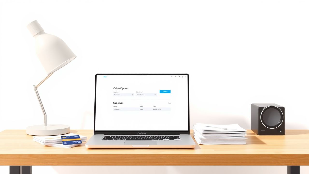 Een modern kantoor bureau met laptop, creditcard en facturen.