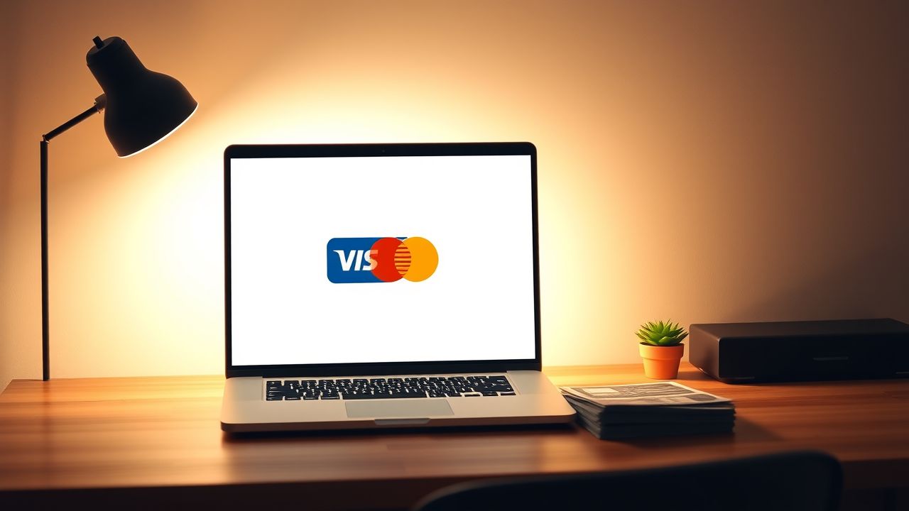 Een moderne laptop met Visa en Mastercard logo's op het scherm, naast een stapel rekeningen op een houten bureau.