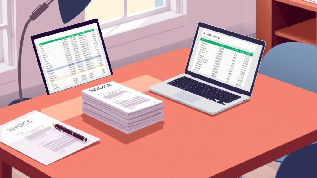 Een georganiseerd bureau met facturen, een laptop en een pen.