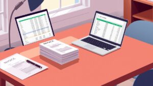 Een georganiseerd bureau met facturen, een laptop en een pen.