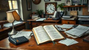 Een rommelig kantoor met oude houten bureau en vintage decoraties.