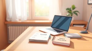 Een opgeruimd kantoorbureau met laptop, facturen en notitieboekje.