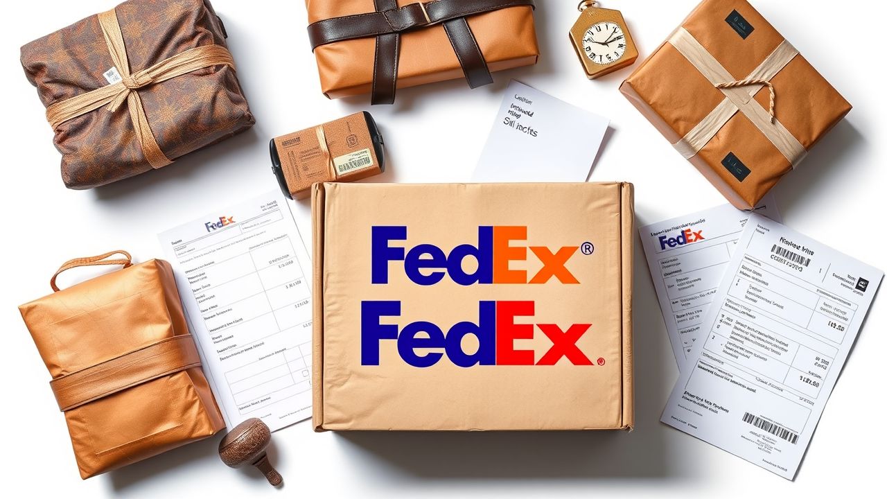 Een FedEx verzenddoos omringd door geïmporteerde items en douaneformulieren.