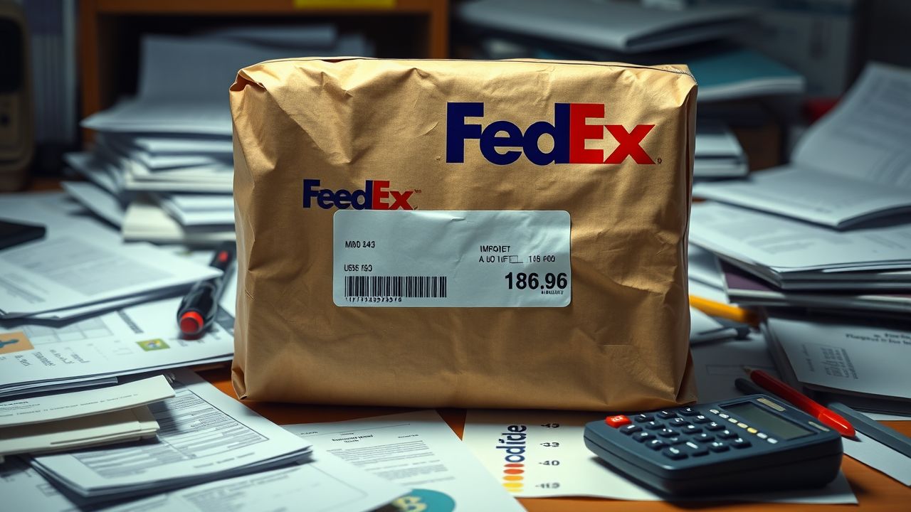 Een FedEx-pakket met onbetaalde invoerrechten op een rommelig bureau.