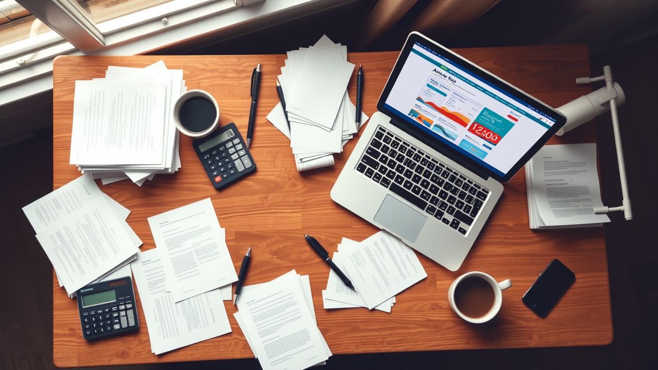 Een rommelig bureau met laptop, koffie en papieren in natuurlijk licht.