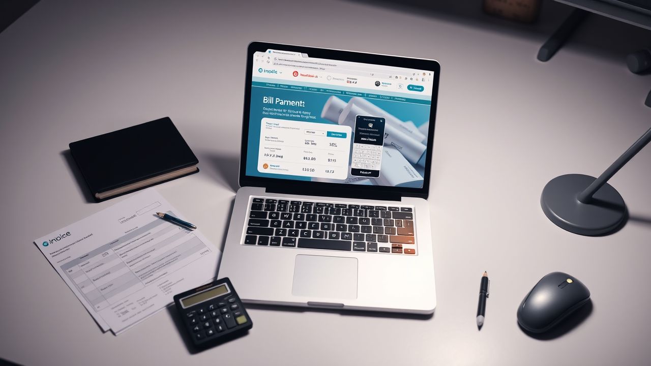 Een thuiswerkplek met laptop, facturen en calculator voor bankzaken.