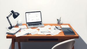 Een rommelig thuiskantoor met open laptop en verspreide papieren.