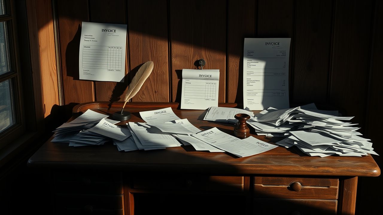 Een rommelig bureau met oude facturen en een nostalgische sfeer.