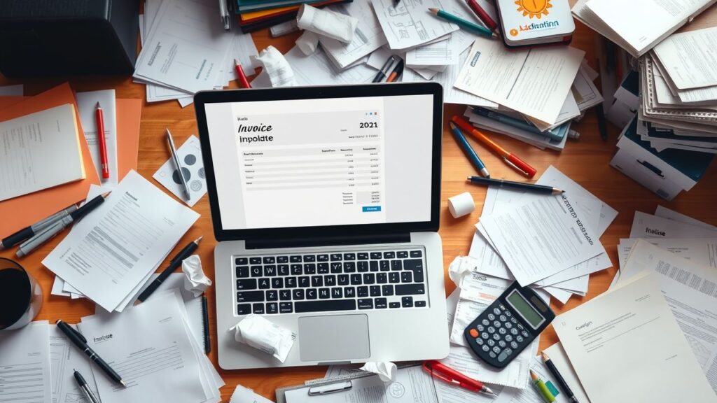 Een rommelig bureau met verschillende werkmaterialen en een laptop.