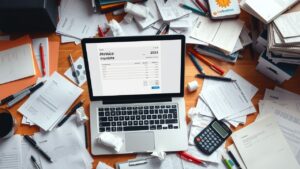 Een rommelig bureau met verschillende werkmaterialen en een laptop.