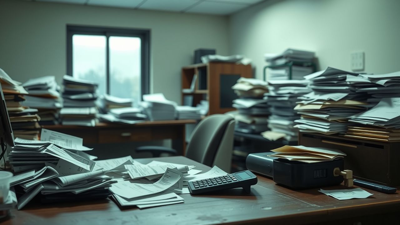 Een rommelig en verwaarloosd kantoor met stapels papieren en rekeningen.