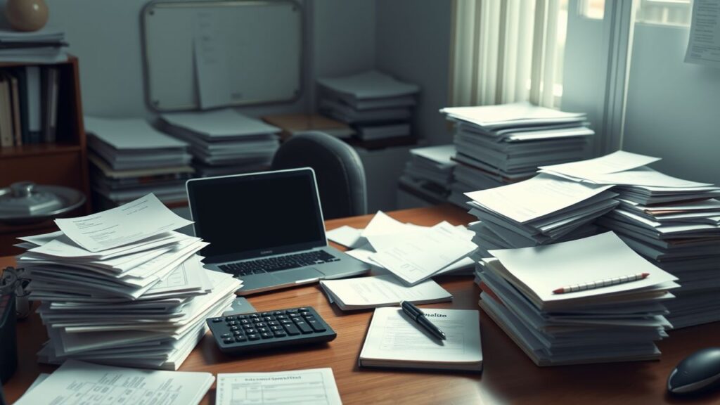 Een rommelig bureau met stapels papierwerk en facturen, laptop en notitieblok.