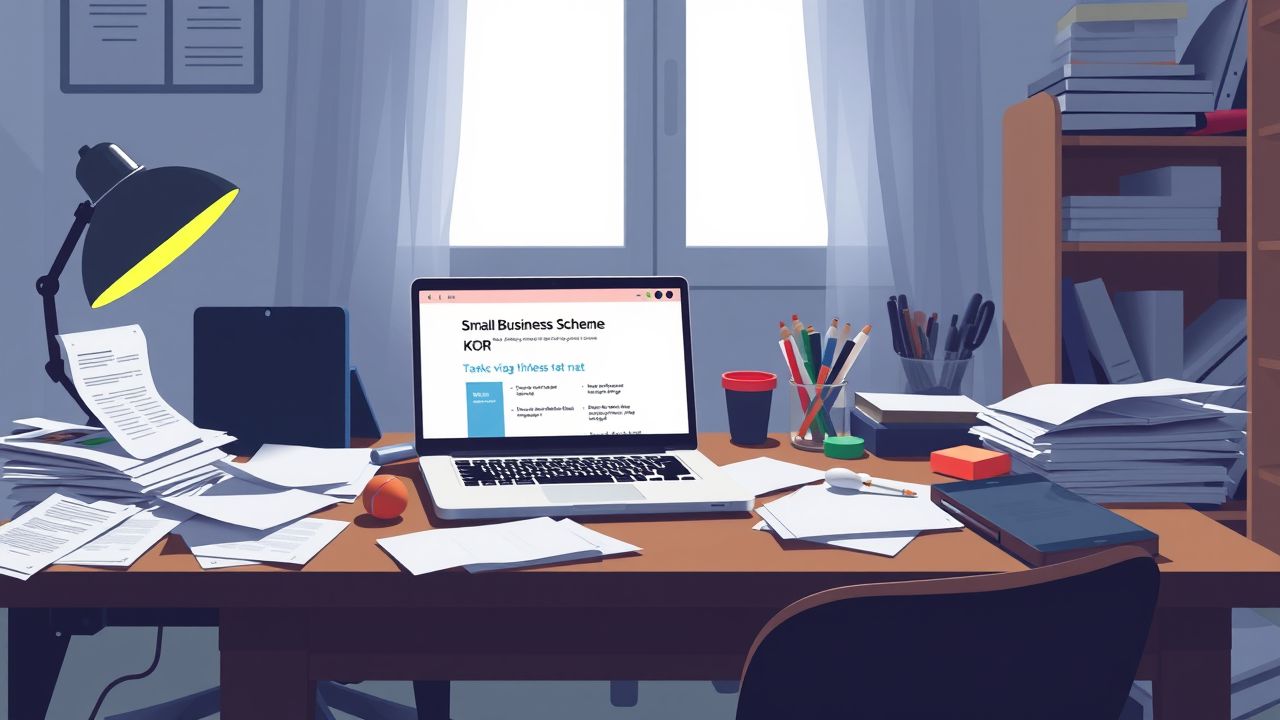 Een rommelig thuiskantoor met open laptop en papieren.