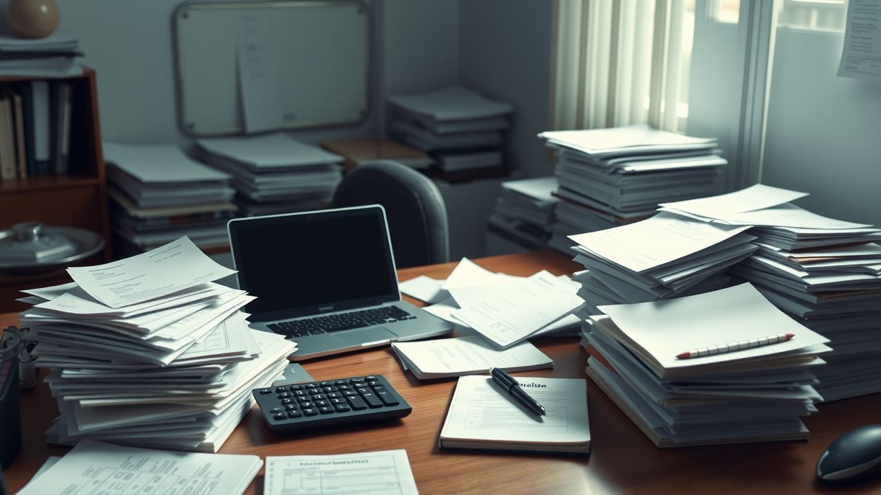 Een rommelig bureau met stapels papierwerk en facturen, laptop en notitieblok.