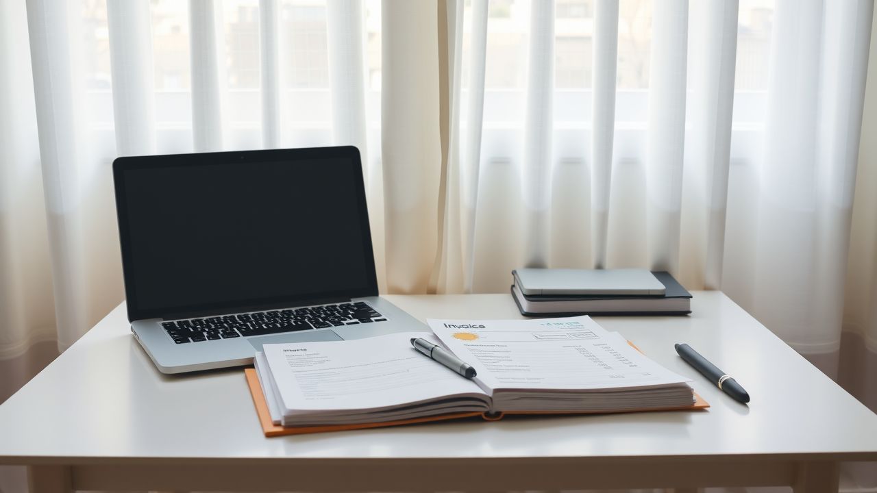 Een opgeruimd thuiskantoor met laptop, factuur en papierwerk.