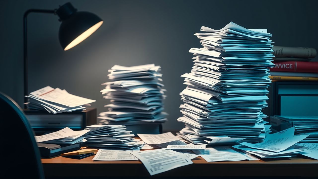 Een rommelig bureau met verspreide rekeningen en papierwerk. Een rommelig bureau met verspreide rekeningen en papierwerk.