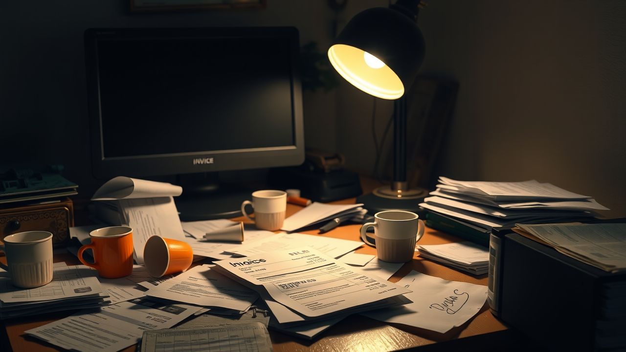 Een rommelig kantoorbureau met verspreide papieren en oude koffiekopjes.