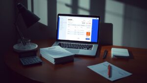 Een bureau met factureringssoftware, papieren facturen en kantoorbenodigdheden.