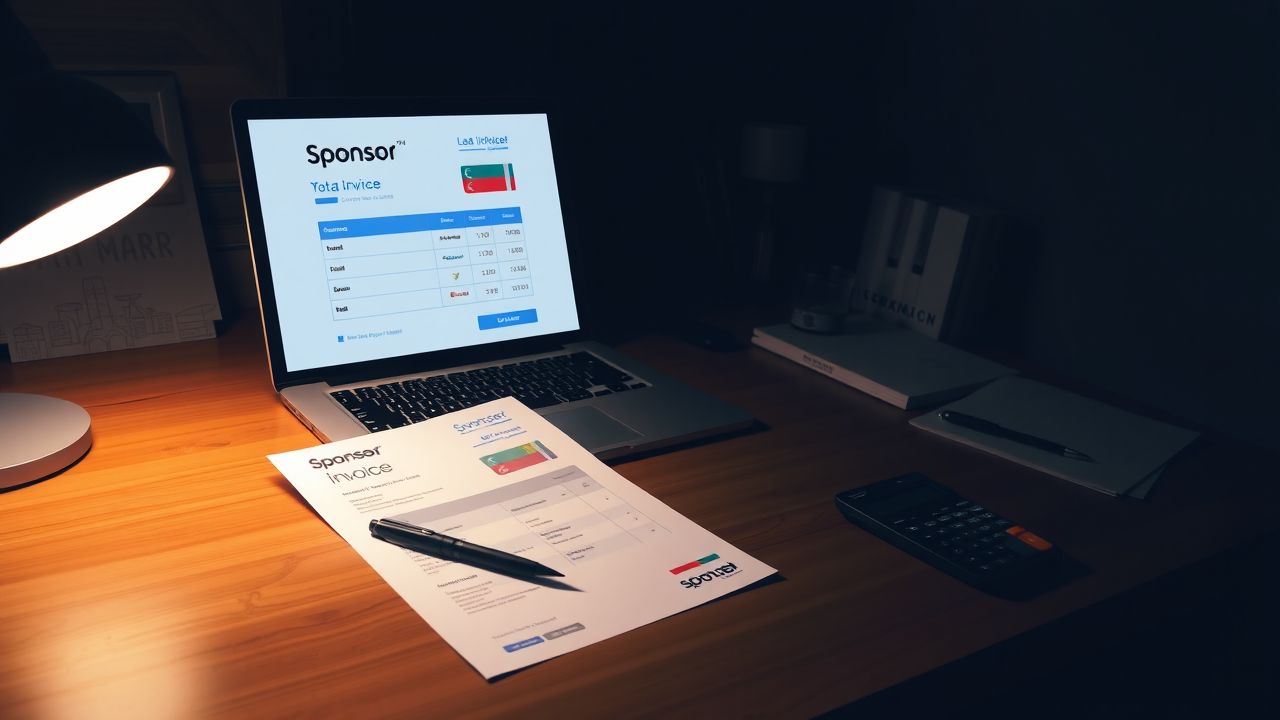 Een georganiseerd bureau met facturen, laptop en kantoorbenodigdheden.