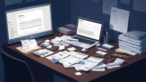 Een rommelig bureau met facturen en kantoorbenodigdheden.