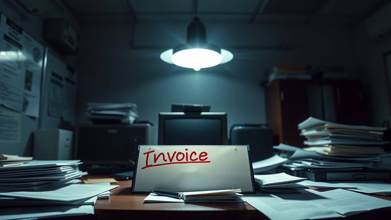 Een rommelig kantoorbureau met verkeerd gelabelde factuur.