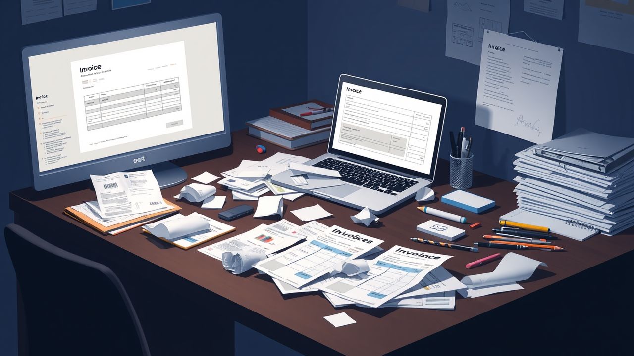 Een rommelig bureau met facturen en kantoorbenodigdheden.