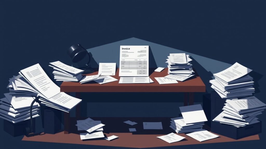 Een rommelig bureau met verspreide papieren en een onbetaalde factuur.