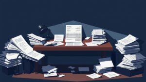 Een rommelig bureau met verspreide papieren en een onbetaalde factuur.