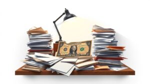 Een rommelig bureau met een oude rekening en stapels papieren.