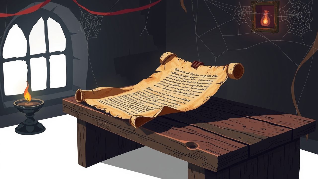 Een oude perkamentrol ligt op een verweerd houten bureau.
