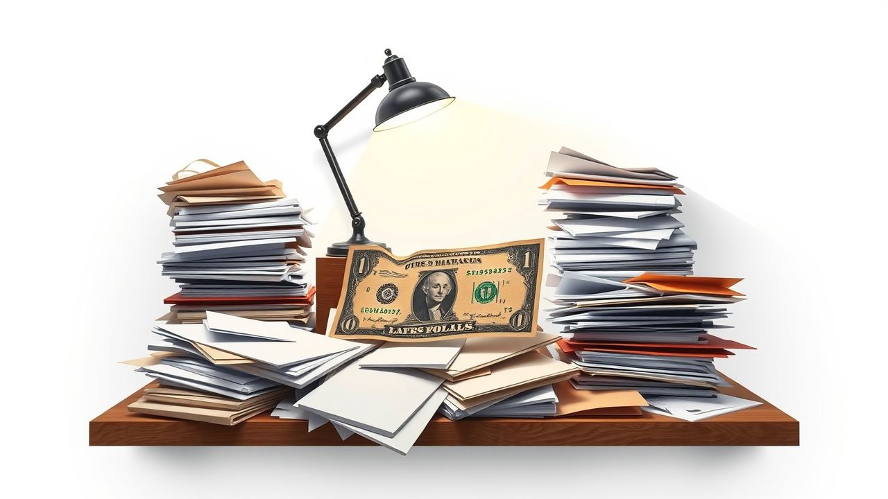 Een rommelig bureau met een oude rekening en stapels papieren.