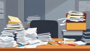 Een rommelig bureau met stapels papierwerk en chaos.