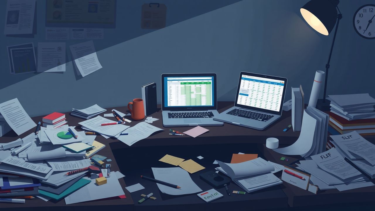 Een rommelig bureau met verspreide kantoorbenodigdheden en open laptop.