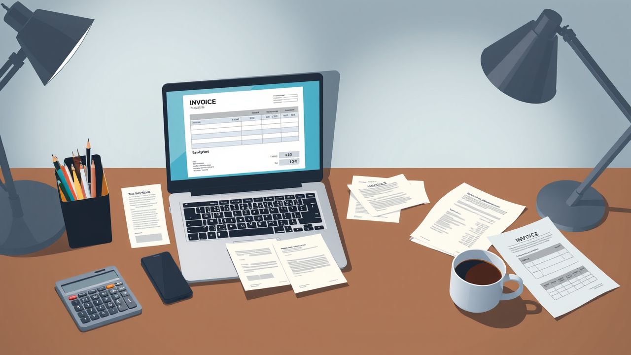 Een opgeruimd bureau met een open laptop en rekeningen.