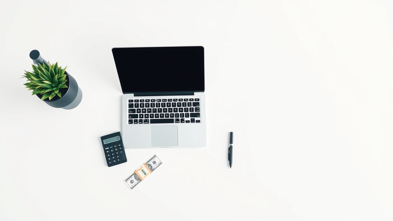 Een opgeruimd bureau met een laptop, rekenmachine en rekeningen.