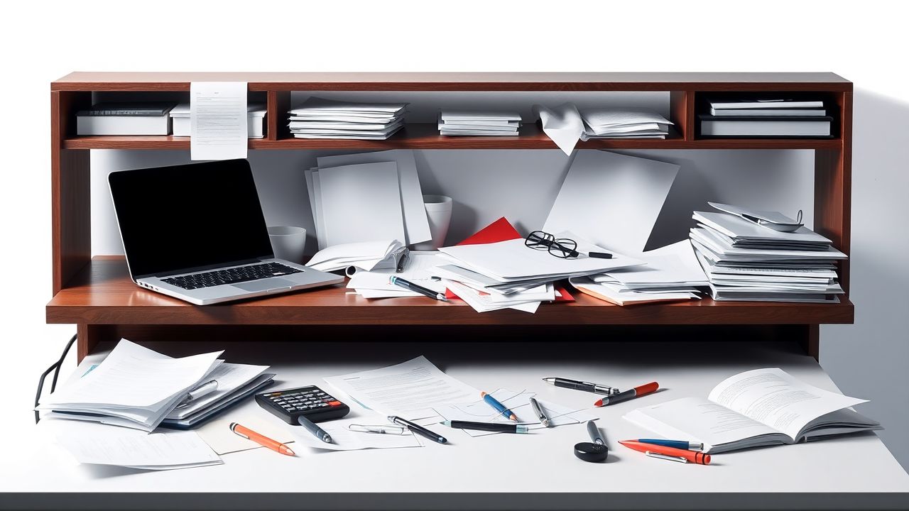 Een rommelig kantoorbureau met papieren, een laptop en pennen.