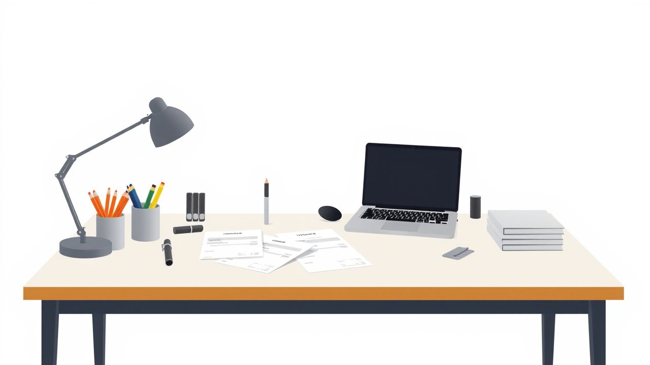 Een opgeruimd bureau met laptop, kantoorbenodigdheden en factuurtemplates.