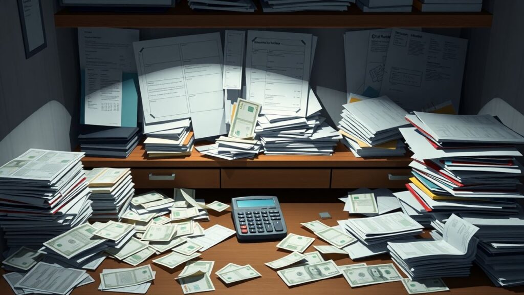 Een rommelig kantoorbureau met verspreide rekeningen en papieren.