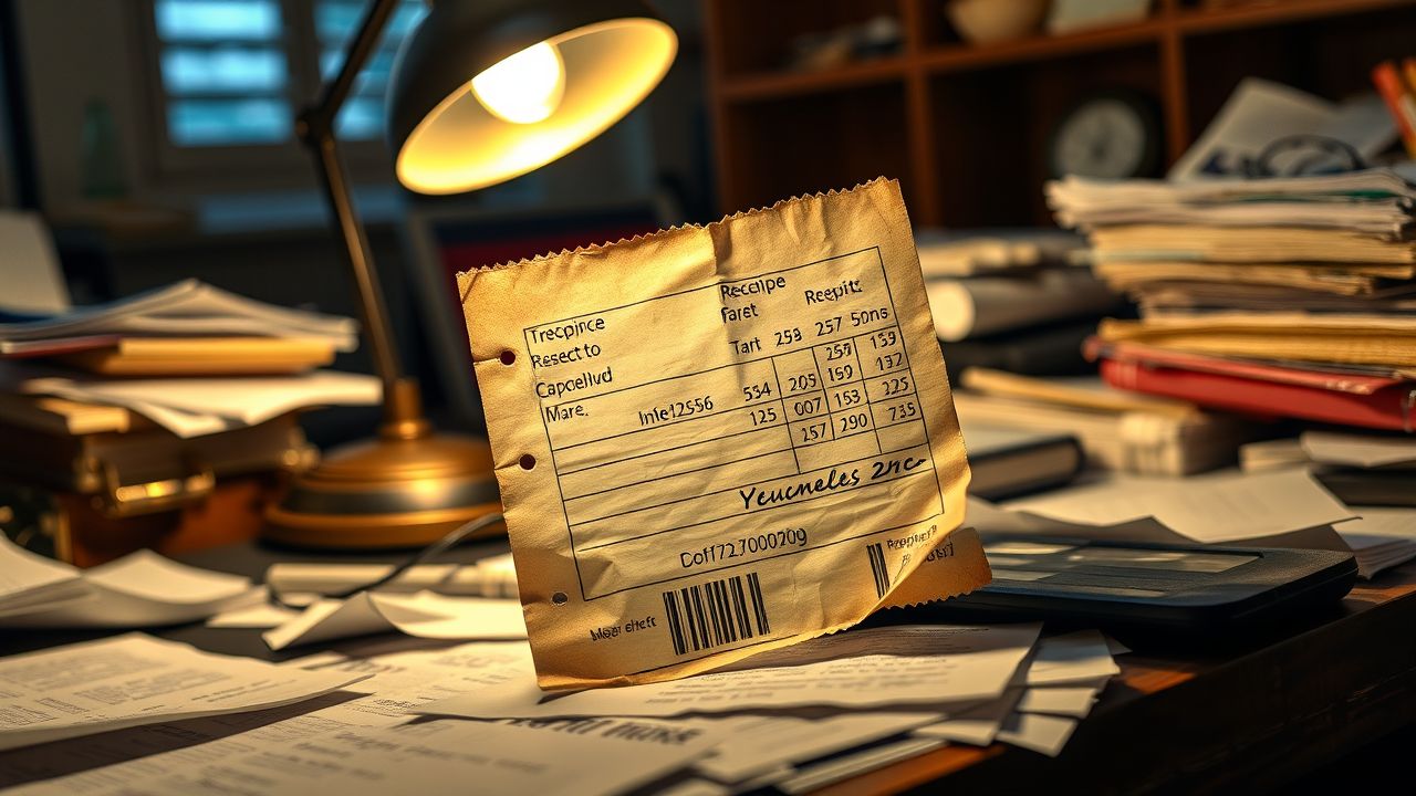 Een rommelig bureau met oude bonnen en papieren.