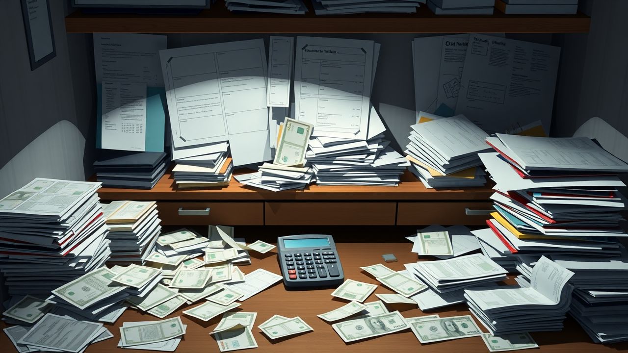 Een rommelig kantoorbureau met verspreide rekeningen en papieren.
