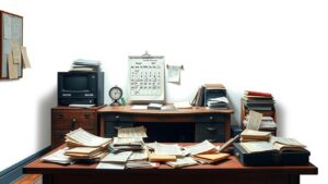 Een verwaarloosd bureau met onbetaalde rekeningen en een verouderde kalender.