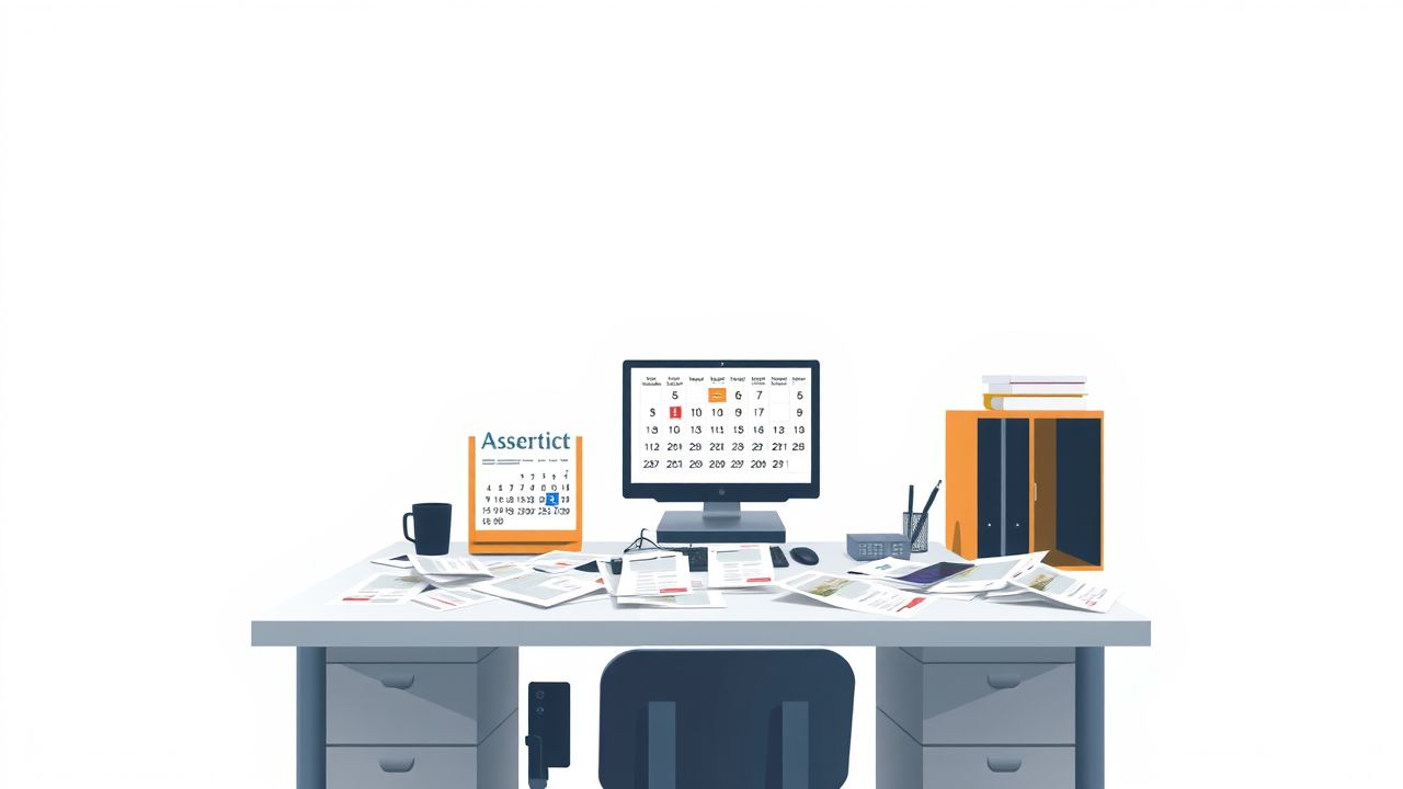 Een rommelig en verwaarloosd kantoorbureau met facturen en een drukke agenda.